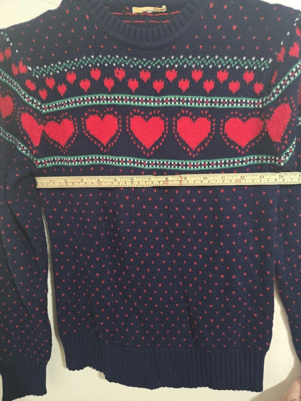 Vintage Wool Heart Sweater Navy Blue Size XS Grandma Cottagecore